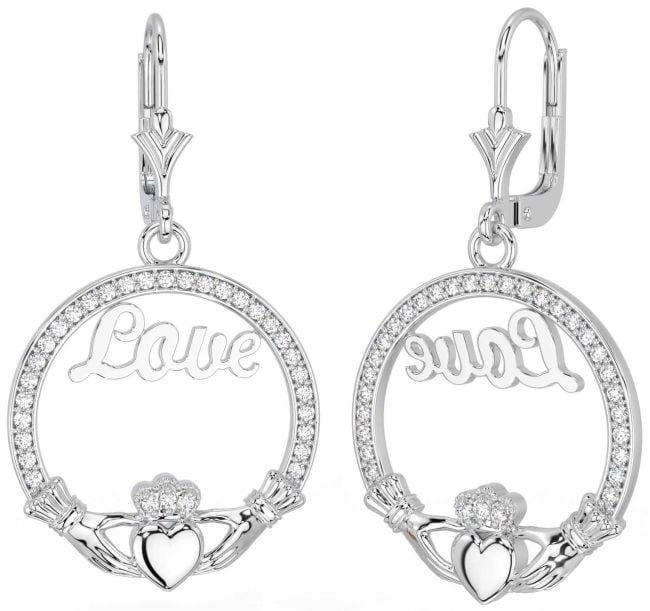 Diamond White Gold Claddagh Dangle Earrings