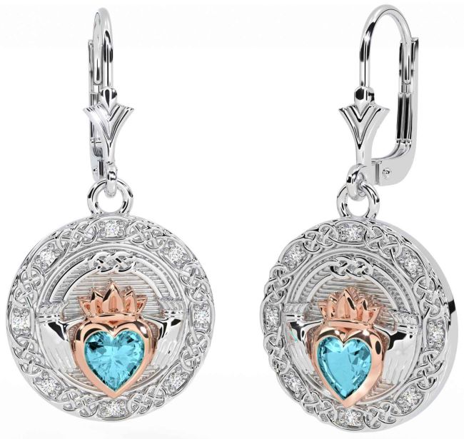 Diamond Aquamarine Rose Gold Silver Celtic Claddagh Dangle Earrings