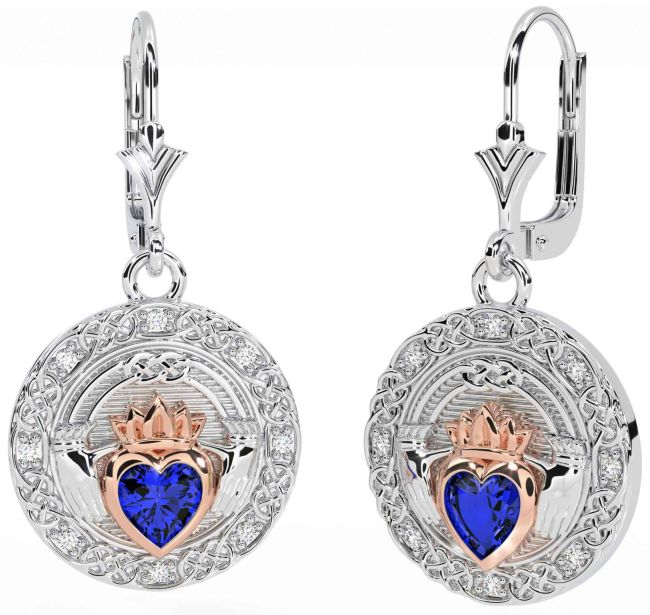 Diamond Sapphire Rose Gold Silver Celtic Claddagh Dangle Earrings