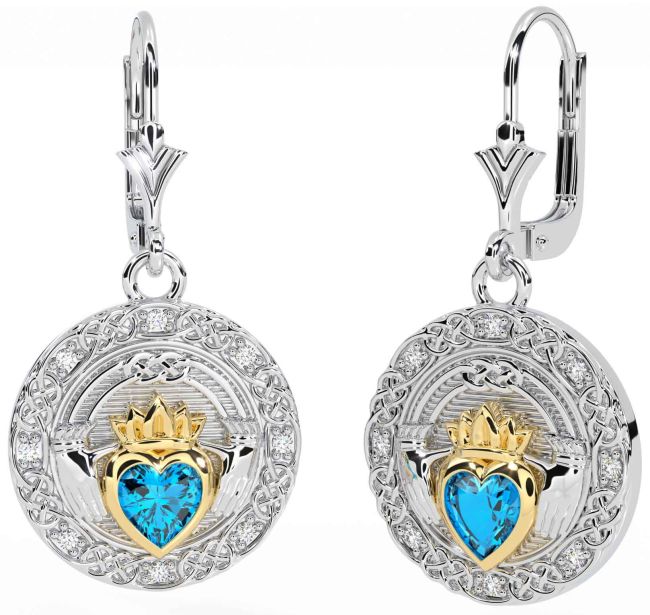 Diamond Topaz Gold Silver Celtic Claddagh Dangle Earrings