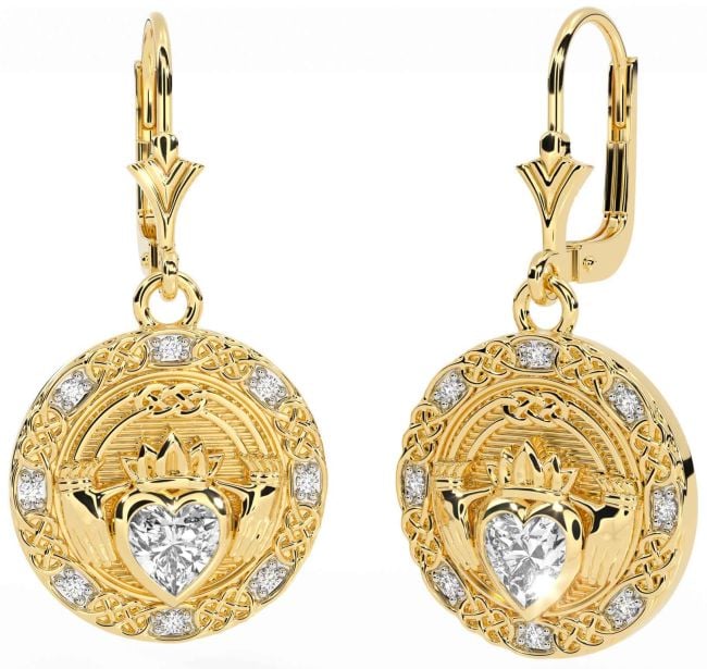 Diamond Gold Silver Celtic Claddagh Dangle Earrings