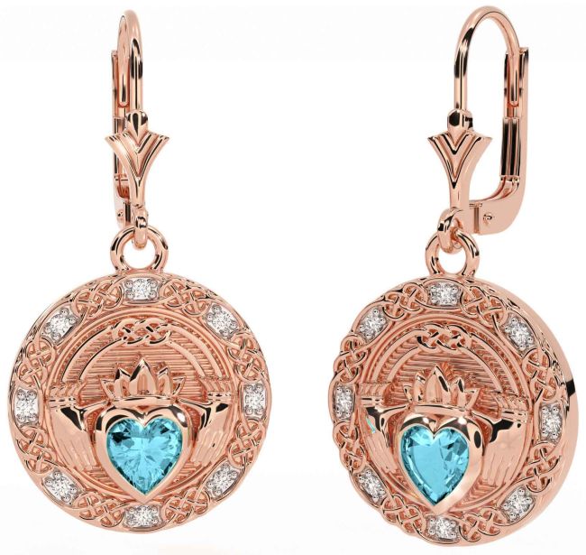 Diamond Aquamarine Rose Gold Celtic Claddagh Dangle Earrings