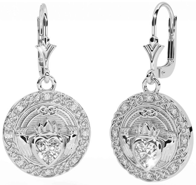 Diamond Silver Celtic Claddagh Dangle Earrings