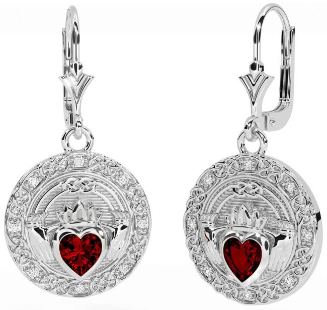 Diamond Garnet Silver Celtic Claddagh Dangle Earrings