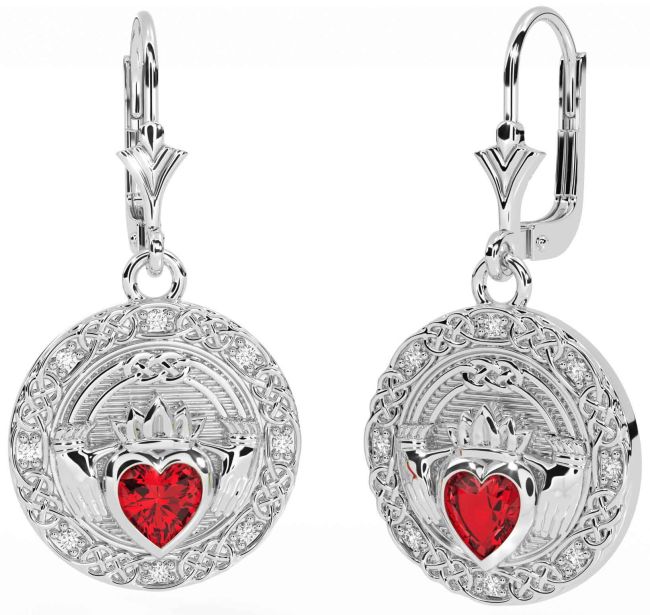 Diamond Ruby Silver Celtic Claddagh Dangle Earrings