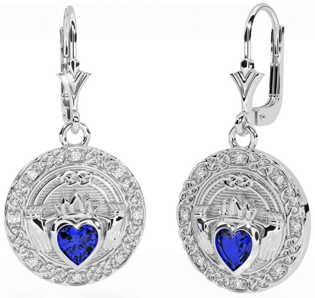 Diamond Sapphire Silver Celtic Claddagh Dangle Earrings