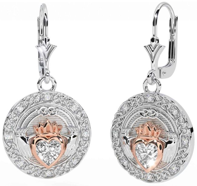 Diamond Rose Gold Silver Celtic Claddagh Dangle Earrings