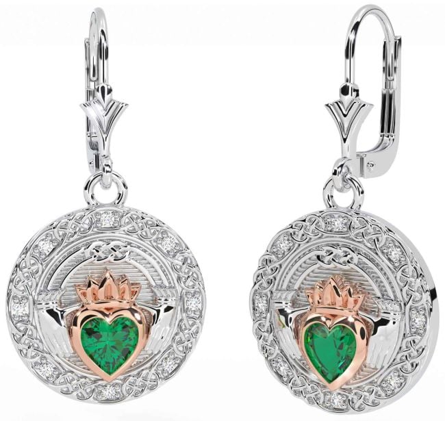 Diamond Emerald Rose Gold Silver Celtic Claddagh Dangle Earrings