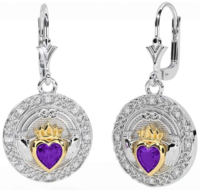 Diamond Amethyst Gold Silver Celtic Claddagh Dangle Earrings