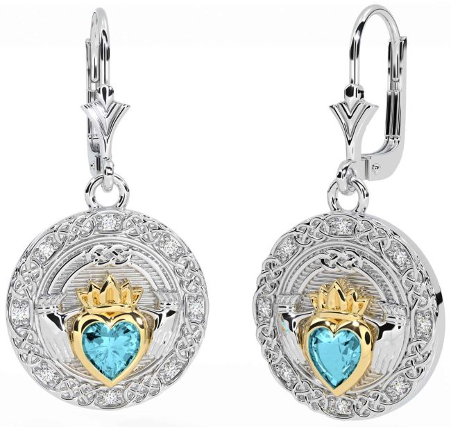 Diamond Aquamarine Gold Silver Celtic Claddagh Dangle Earrings