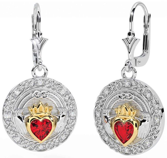 Diamond Ruby Gold Silver Celtic Claddagh Dangle Earrings