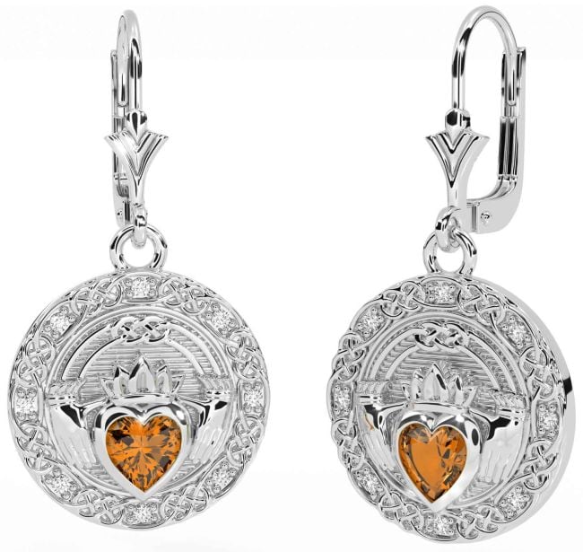 Diamond Citrine White Gold Celtic Claddagh Dangle Earrings