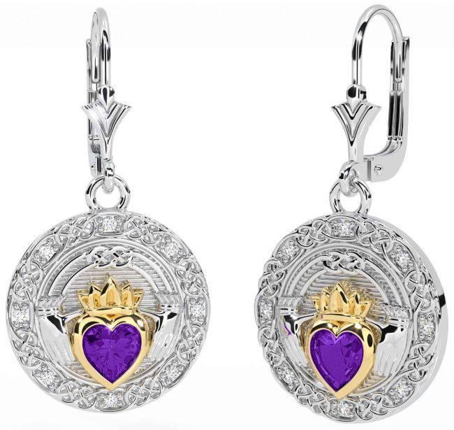 Diamond Amethyst White Yellow Gold Celtic Claddagh Dangle Earrings