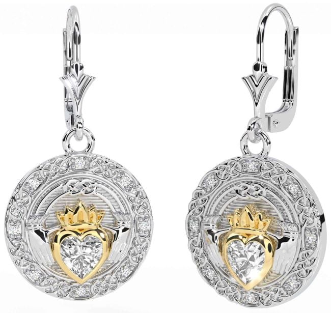 Diamond White Yellow Gold Celtic Claddagh Dangle Earrings