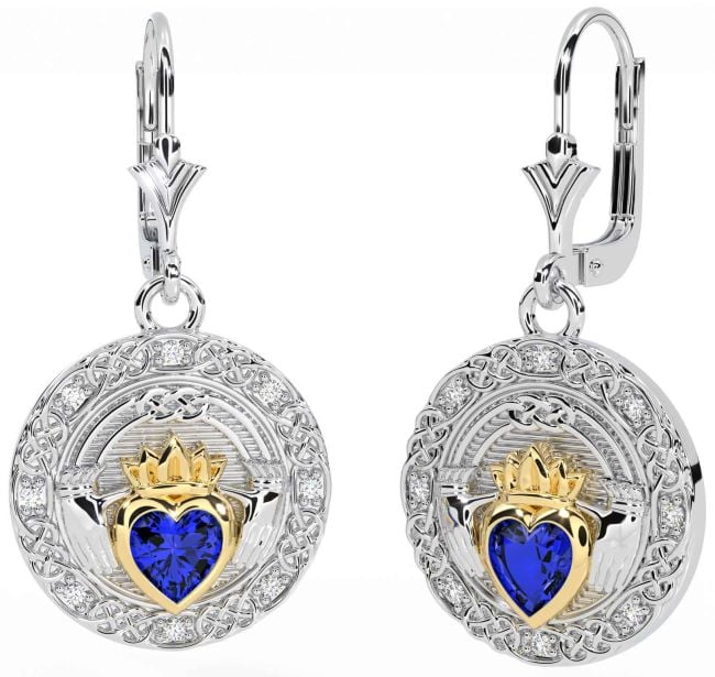 Diamond Sapphire White Yellow Gold Celtic Claddagh Dangle Earrings