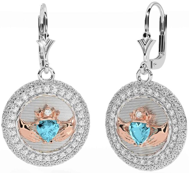 Diamond Aquamarine Rose Gold Silver Claddagh Celtic Trinity Knot Dangle Earrings