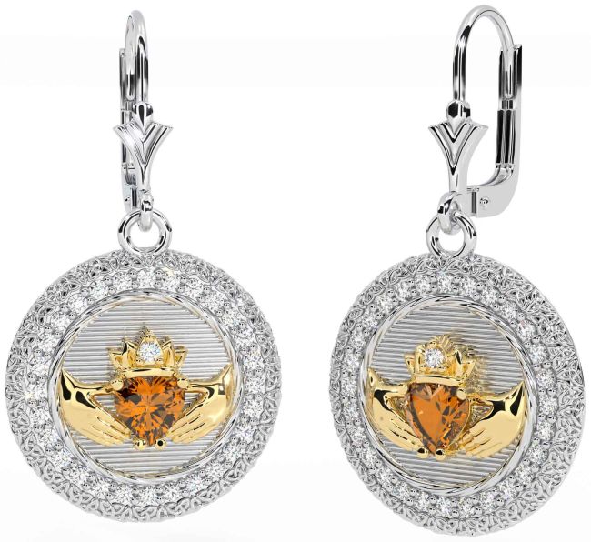 Diamond Citrine Gold Silver Claddagh Celtic Trinity Knot Dangle Earrings