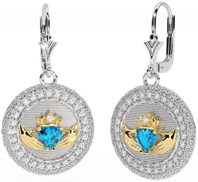 Diamond Topaz Gold Silver Claddagh Celtic Trinity Knot Dangle Earrings