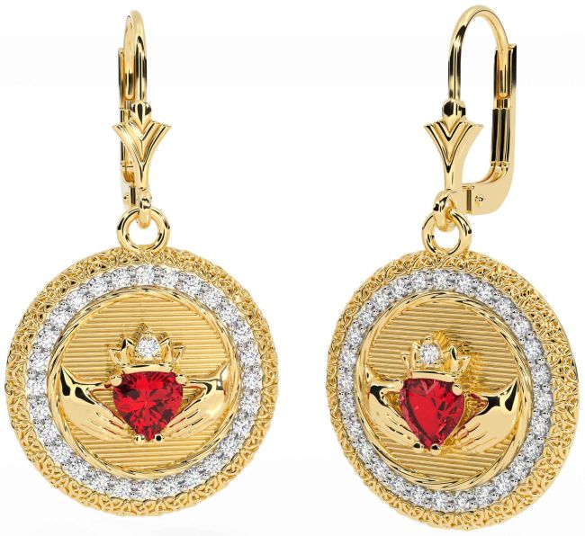 Diamond Ruby Gold Silver Claddagh Celtic Trinity Knot Dangle Earrings