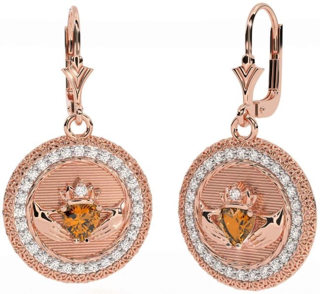 Diamond Citrine Rose Gold Claddagh Celtic Trinity Knot Dangle Earrings