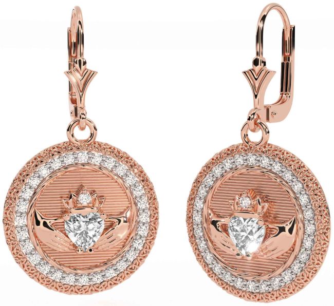 Diamond Rose Gold Claddagh Celtic Trinity Knot Dangle Earrings