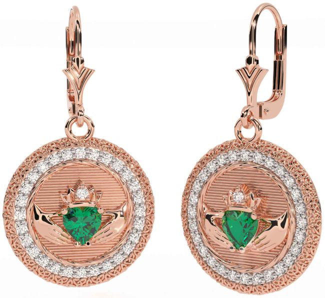 Diamond Emerald Rose Gold Claddagh Celtic Trinity Knot Dangle Earrings