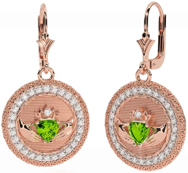 Diamond Peridot Rose Gold Claddagh Celtic Trinity Knot Dangle Earrings