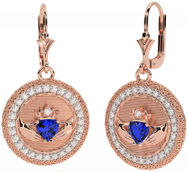 Diamond Sapphire Rose Gold Claddagh Celtic Trinity Knot Dangle Earrings