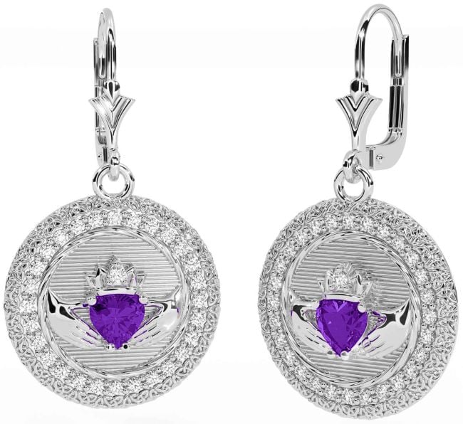 Diamond Amethyst Silver Claddagh Celtic Trinity Knot Dangle Earrings