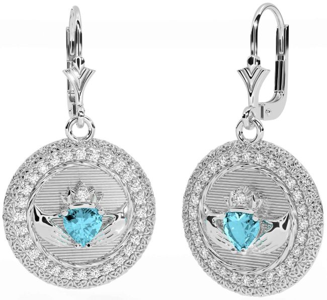 Diamond Aquamarine Silver Claddagh Celtic Trinity Knot Dangle Earrings