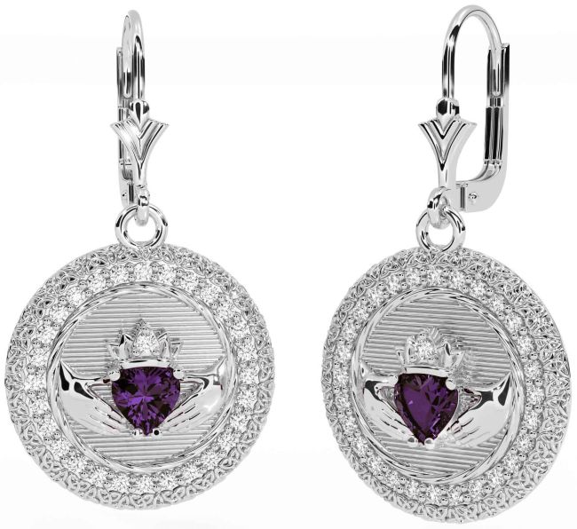 Diamond Alexandrite Silver Claddagh Celtic Trinity Knot Dangle Earrings