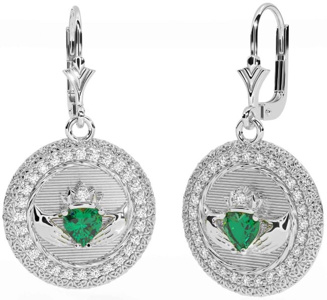 Diamond Emerald Silver Claddagh Celtic Trinity Knot Dangle Earrings