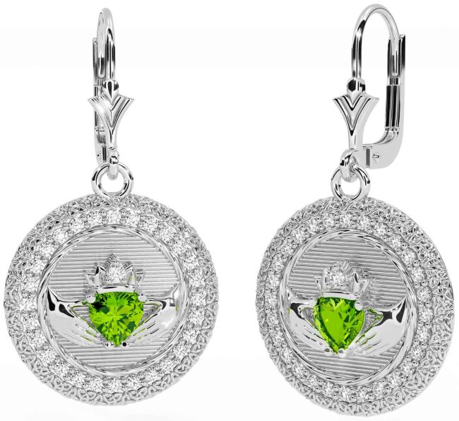 Diamond Peridot Silver Claddagh Celtic Trinity Knot Dangle Earrings