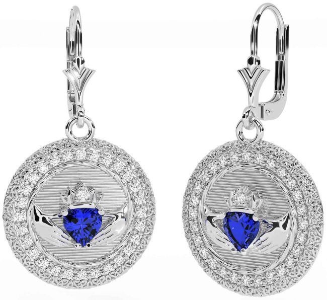 Diamond Sapphire Silver Claddagh Celtic Trinity Knot Dangle Earrings