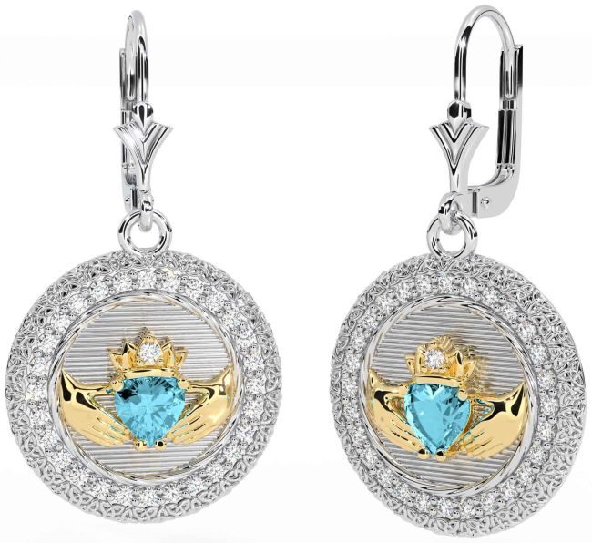 Diamond Aquamarine Gold Silver Claddagh Celtic Trinity Knot Dangle Earrings