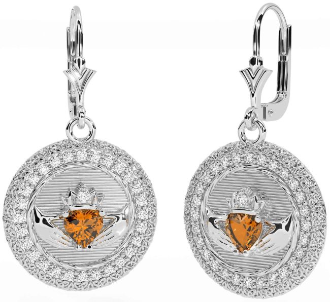 Diamond Citrine White Gold Claddagh Celtic Trinity Knot Dangle Earrings