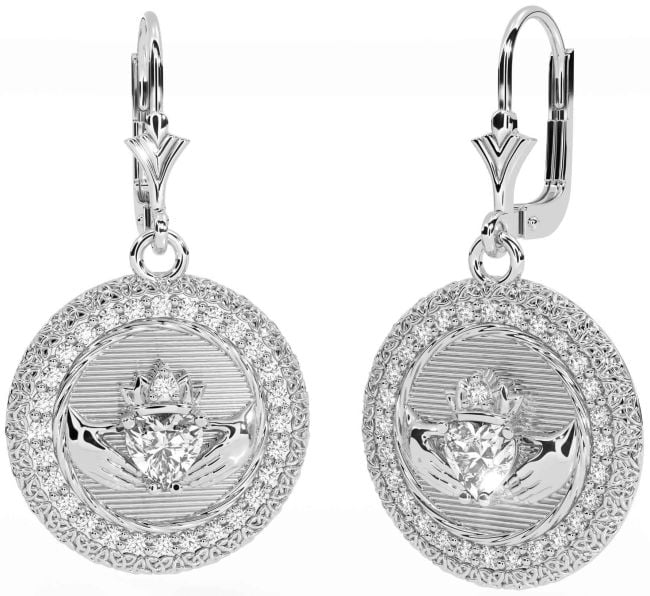 Diamond White Gold Claddagh Celtic Trinity Knot Dangle Earrings