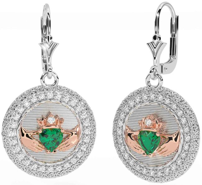 Diamond Emerald White Rose Gold Claddagh Celtic Trinity Knot Dangle Earrings