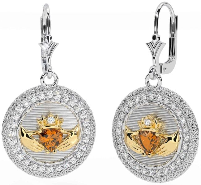 Diamond Citrine White Yellow Gold Claddagh Celtic Trinity Knot Dangle Earrings