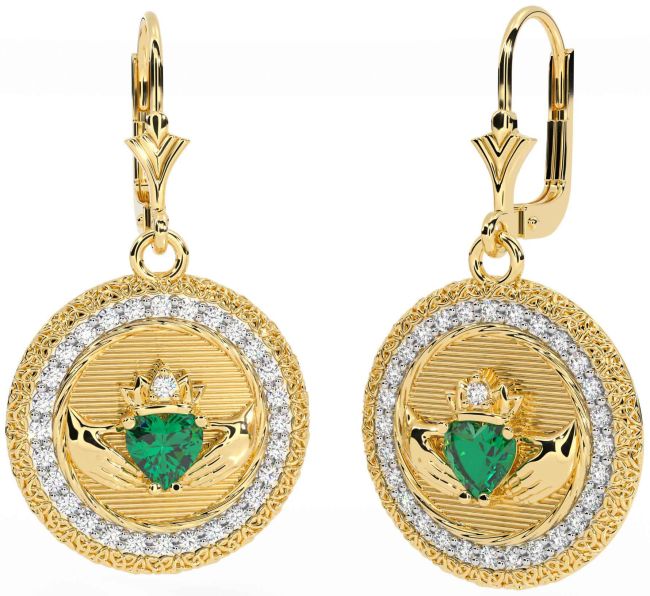 Diamond Emerald Gold Claddagh Celtic Trinity Knot Dangle Earrings