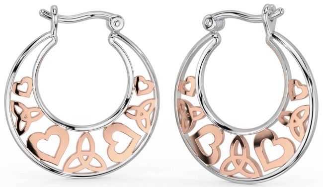 White Rose Gold Celtic Trinity Knot Heart Hoop Earrings