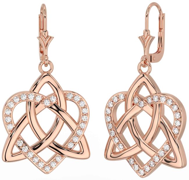 Diamond Rose Gold Silver Celtic Trinity Knot Heart Dangle Earrings