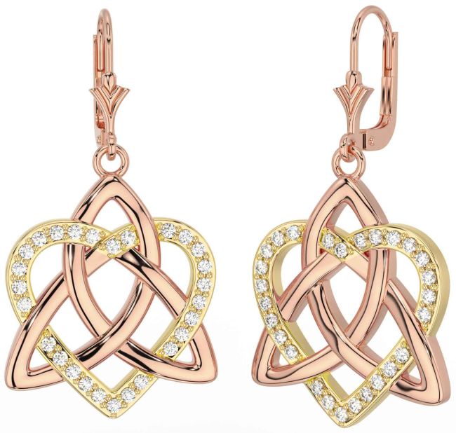Diamond Rose Yellow Gold Celtic Trinity Knot Heart Dangle Earrings