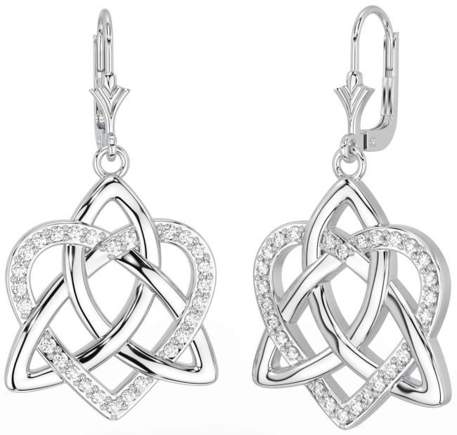 Diamond Silver Celtic Trinity Knot Heart Dangle Earrings