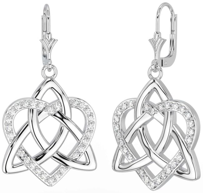 Diamond White Gold Celtic Trinity Knot Heart Dangle Earrings