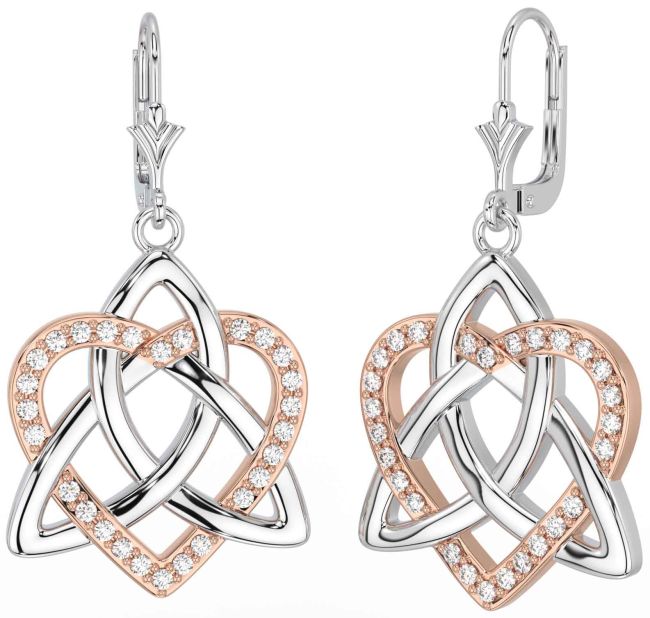 Diamond White Rose Gold Celtic Trinity Knot Heart Dangle Earrings