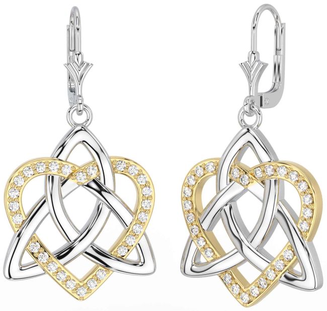 Diamond White Yellow Gold Celtic Trinity Knot Heart Dangle Earrings