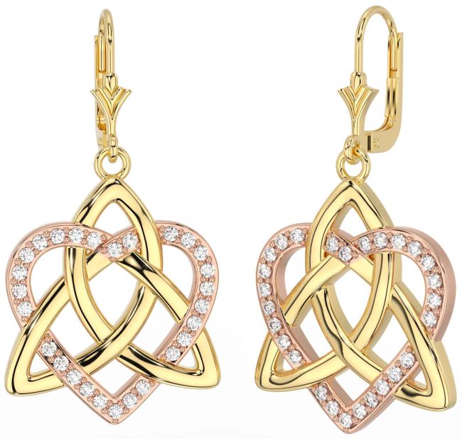 Diamond Rose Yellow Gold Celtic Trinity Knot Heart Dangle Earrings