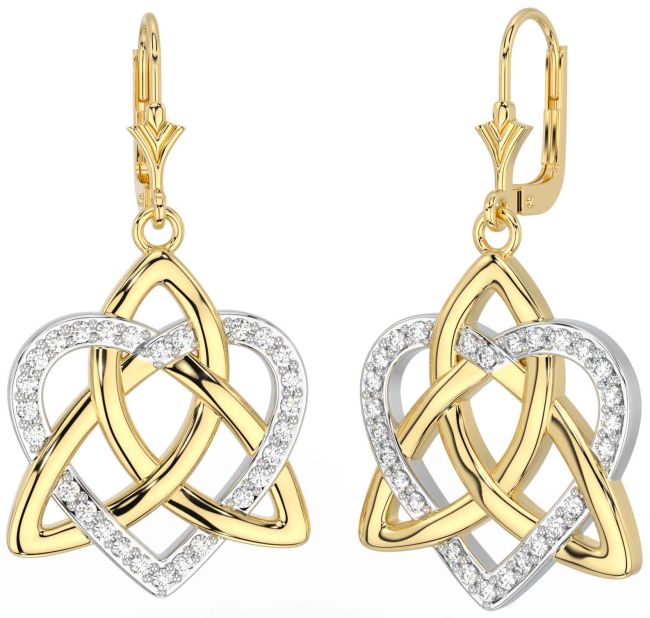 Diamond White Yellow Gold Celtic Trinity Knot Heart Dangle Earrings