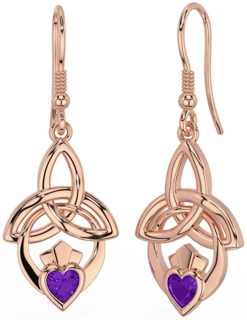 Amethyst Rose Gold Silver Claddagh Celtic Trinity Knot Dangle Earrings